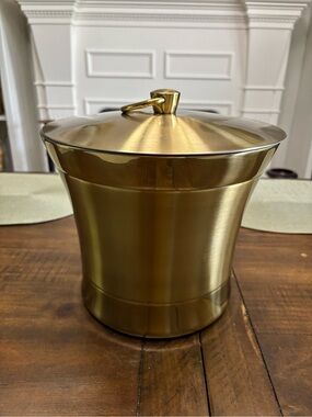 Frontgate gold metal ice bucket with handle and lid